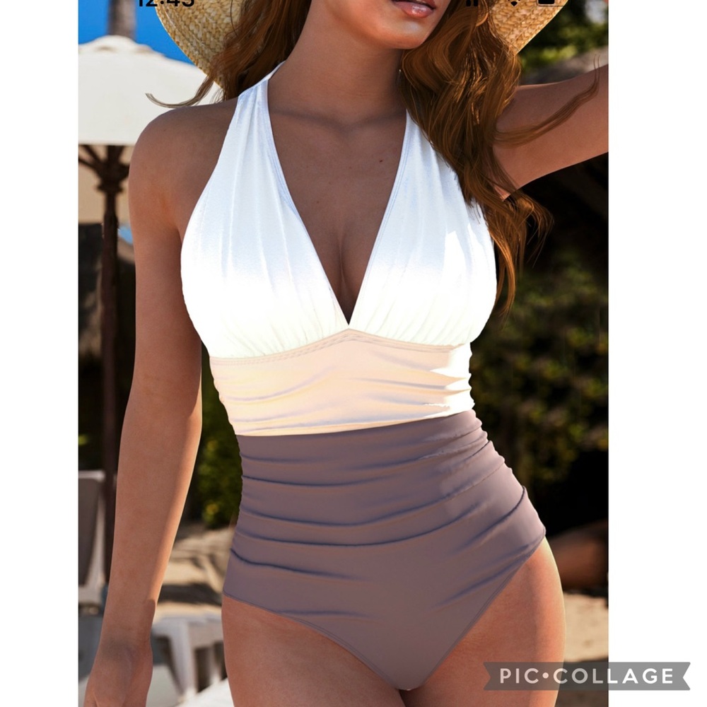 Modily Swimsuit One Piece Patchwork Halter Ruched Brown White NWOT M